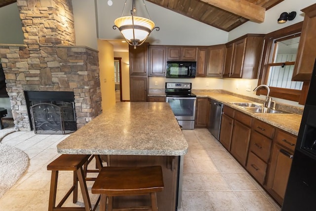 2226 County Line Rd, Donegal Wml, PA 15622 - kitchen featuring appliances with stainless steel finishes, a sink, high vaulted ceiling, wood ceiling with exposed beams, and light tile patterned flooring