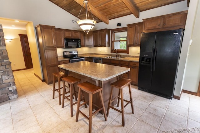 2226 County Line Rd, Donegal Wml, PA 15622 - kitchen featuring black appliances, wood ceiling, a sink, light tile patterned flooring, and a kitchen island
