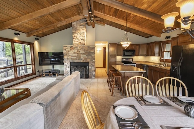 2226 County Line Rd, Donegal Wml, PA 15622 - living room with wooden ceiling with exposed beams, a stone fireplace, a ceiling fan, and high vaulted ceiling