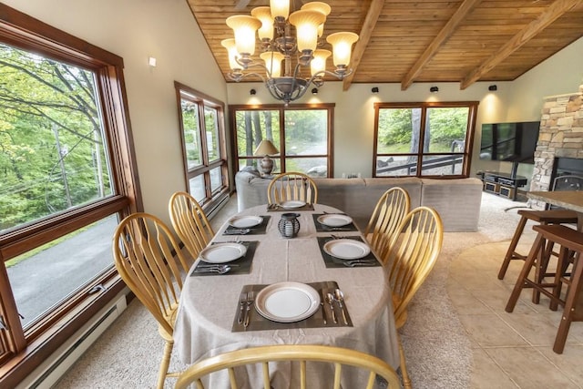 2226 County Line Rd, Donegal Wml, PA 15622 - dining space with wood ceiling, baseboard heating, a chandelier, light carpet, and light tile patterned floors