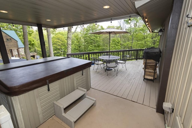2226 County Line Rd, Donegal Wml, PA 15622 - wooden terrace with outdoor dining space, a hot tub, and area for grilling