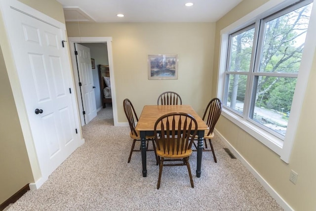2226 County Line Rd, Donegal Wml, PA 15622 - dining room featuring attic access, light colored carpet, baseboards, and recessed lighting