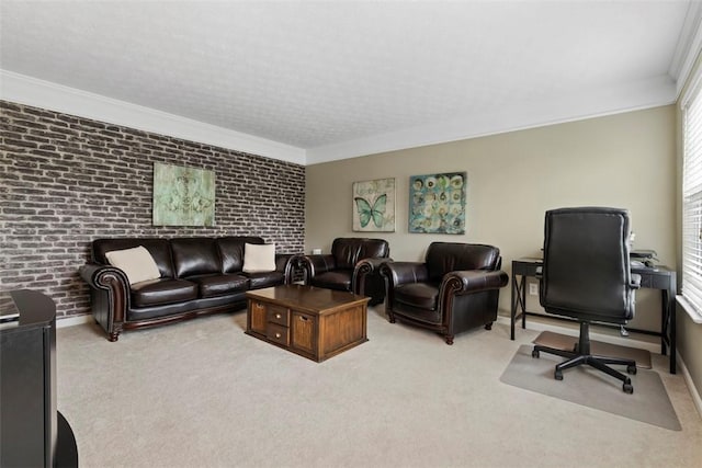 9264 Marshall, Cranberry Twp, PA 16066 - carpeted living room featuring brick wall, healthy amount of natural light, crown molding, and baseboards