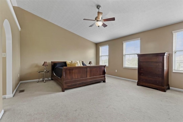 9264 Marshall, Cranberry Twp, PA 16066 - carpeted bedroom featuring lofted ceiling, multiple windows, baseboards, a ceiling fan, and arched walkways