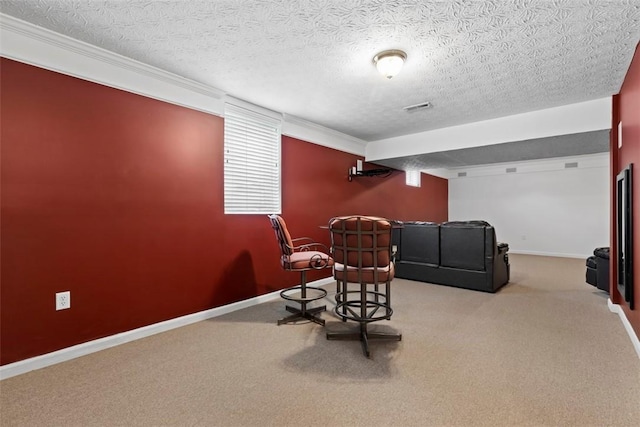 9264 Marshall, Cranberry Twp, PA 16066 - cinema room featuring carpet floors, a textured ceiling, baseboards, and crown molding