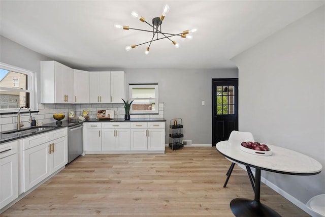 220 Cortina Way, Overbrook, PA 15234 - kitchen with a sink, dishwasher, a chandelier, tasteful backsplash, and dark countertops
