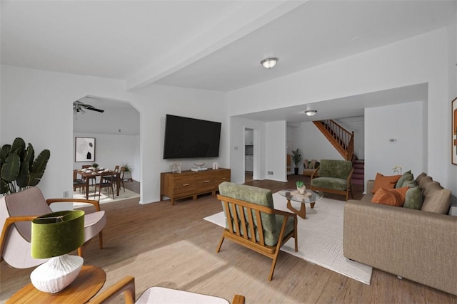 1519 Belasco Ave, Beechview, PA 15216 - living room with stairway, beamed ceiling, a ceiling fan, and light wood-style flooring