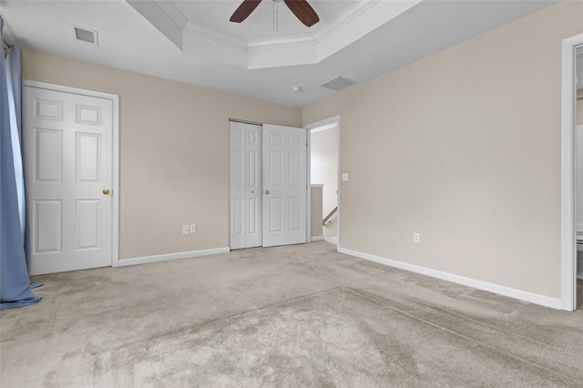 190 Southern Valley Ct, Adams Twp, PA 16046 - unfurnished bedroom with carpet, a raised ceiling, baseboards, ornamental molding, and a ceiling fan