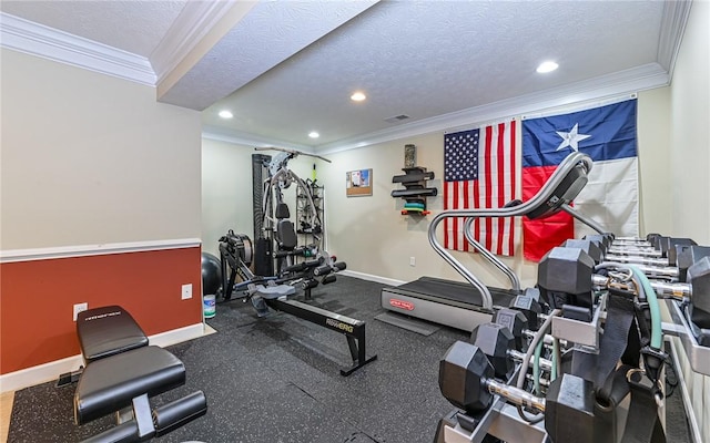 122 Brighton Ln, Adams Twp, PA 16046 - exercise area featuring ornamental molding, recessed lighting, a textured ceiling, and baseboards