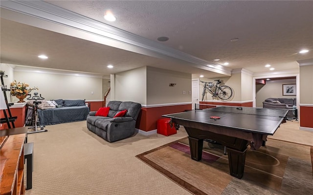 122 Brighton Ln, Adams Twp, PA 16046 - recreation room with ornamental molding, recessed lighting, carpet flooring, baseboards, and a textured ceiling