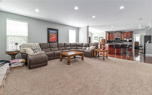 122 Brighton Ln, Adams Twp, PA 16046 - living room with a textured ceiling, recessed lighting, healthy amount of natural light, and dark colored carpet