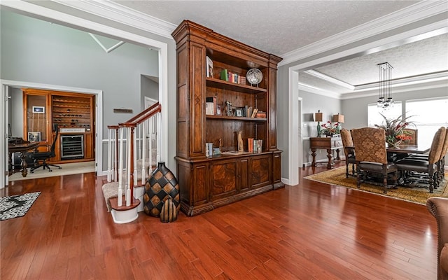 122 Brighton Ln, Adams Twp, PA 16046 - sitting room featuring stairway, wood finished floors, a textured ceiling, ornamental molding, and a desk
