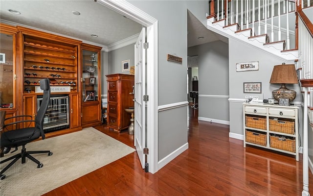 122 Brighton Ln, Adams Twp, PA 16046 - office with crown molding, beverage cooler, wood finished floors, baseboards, and recessed lighting