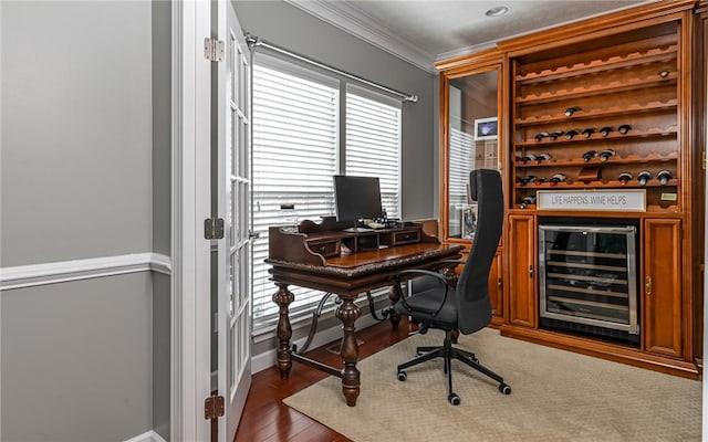 122 Brighton Ln, Adams Twp, PA 16046 - office space featuring beverage cooler, crown molding, baseboards, and dark wood-type flooring