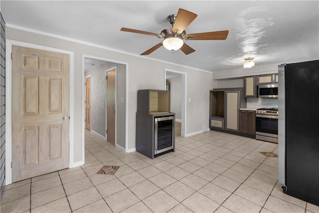 887 E Arcadia Dr, Mccandless, PA 15237 - kitchen with appliances with stainless steel finishes, beverage cooler, ceiling fan, light tile patterned flooring, and light countertops