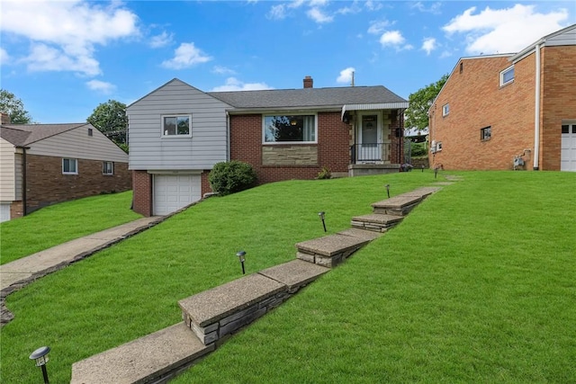 1520 Worcester Dr, Pittsburgh, PA 15243 - view of front of home with an attached garage, a chimney, brick siding, and a front yard