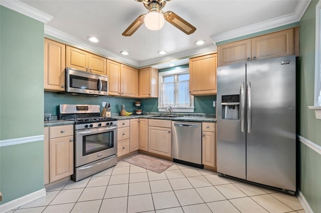 3500 Willett, Baldwin Boro, PA 15227 - kitchen with appliances with stainless steel finishes, light brown cabinets, ornamental molding, dark countertops, and a sink