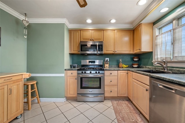 3500 Willett, Baldwin Boro, PA 15227 - kitchen with appliances with stainless steel finishes, a sink, light brown cabinetry, dark countertops, and crown molding