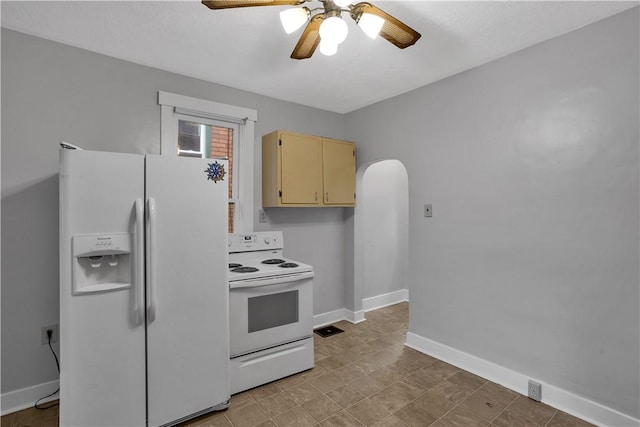 2914 5th Ave, Beaver Falls, PA 15010 - kitchen featuring white appliances, a ceiling fan, arched walkways, baseboards, and light brown cabinetry
