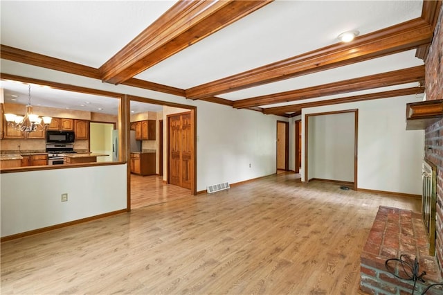 2662 Timberglen Dr W, Franklin Park, PA 15090 - unfurnished living room featuring a chandelier, beam ceiling, light wood-type flooring, a fireplace, and baseboards