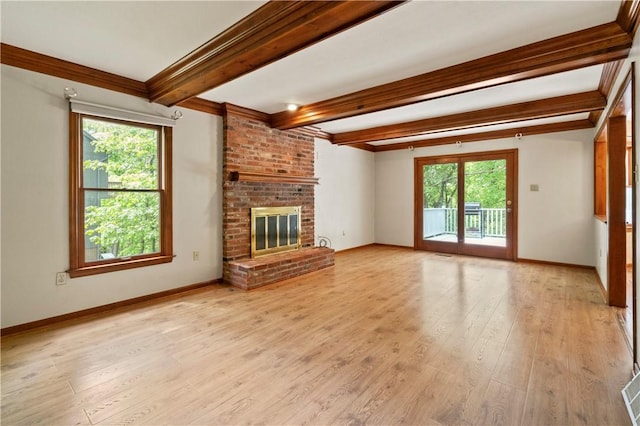 2662 Timberglen Dr W, Franklin Park, PA 15090 - unfurnished living room with beamed ceiling, light wood-style flooring, baseboards, a fireplace, and ornamental molding