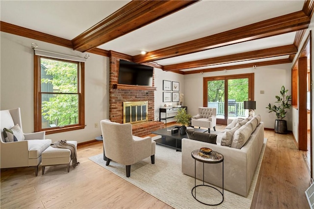 2662 Timberglen Dr W, Franklin Park, PA 15090 - living room featuring beamed ceiling, light wood-type flooring, a fireplace, ornamental molding, and baseboards