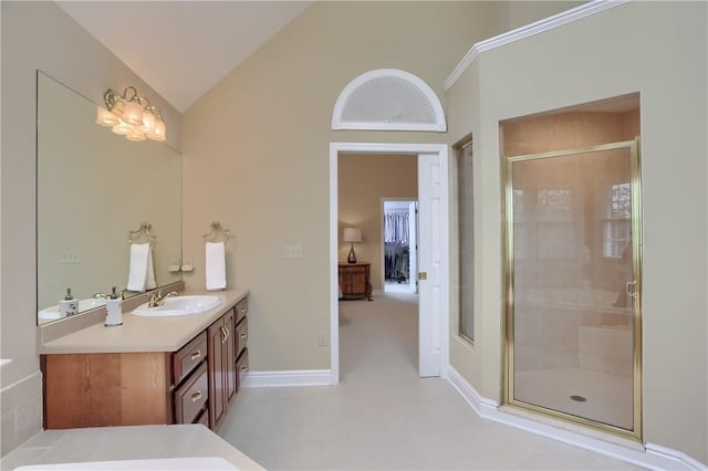 606 Adare Ct, Cranberry Twp, PA 16066 - full bathroom with vanity, a shower stall, lofted ceiling, and baseboards