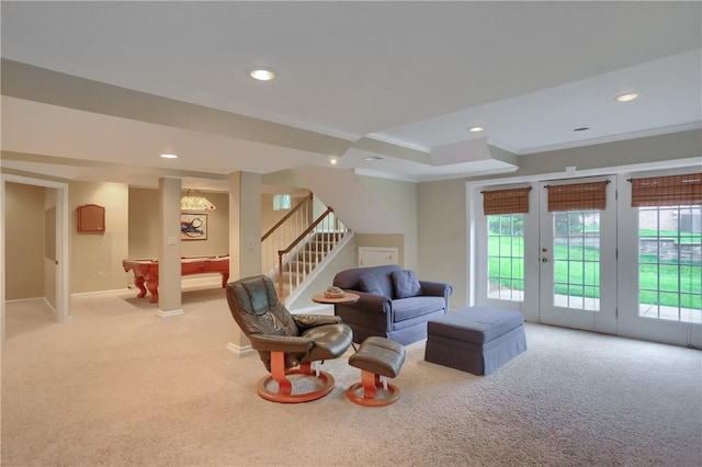 606 Adare Ct, Cranberry Twp, PA 16066 - living area featuring light colored carpet, stairs, plenty of natural light, recessed lighting, and billiards table