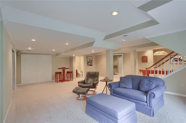 606 Adare Ct, Cranberry Twp, PA 16066 - living area featuring recessed lighting, light colored carpet, baseboards, and stairs
