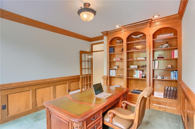 606 Adare Ct, Cranberry Twp, PA 16066 - office with crown molding, a wainscoted wall, built in features, a decorative wall, and recessed lighting