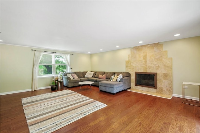 2507 Corteland Dr, Upper St Clair, PA 15241 - living room with wood finished floors, a tiled fireplace, recessed lighting, and baseboards