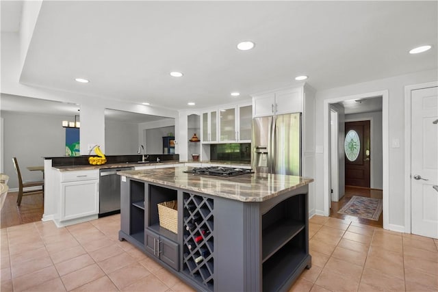 2507 Corteland Dr, Upper St Clair, PA 15241 - kitchen featuring open shelves, stainless steel appliances, white cabinetry, light tile patterned floors, and recessed lighting