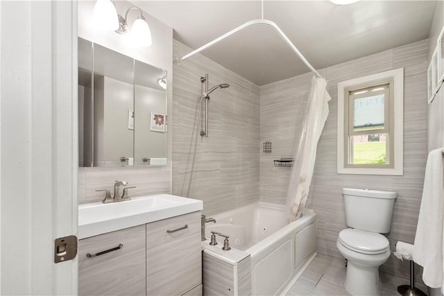 2507 Corteland Dr, Upper St Clair, PA 15241 - bathroom featuring shower / tub combo with curtain, vanity, toilet, and tile walls