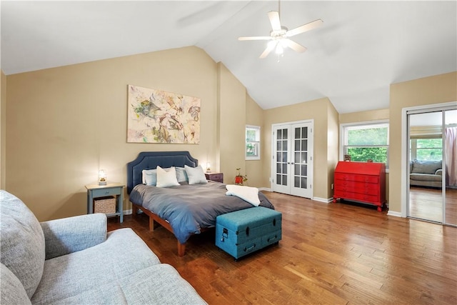 2507 Corteland Dr, Upper St Clair, PA 15241 - bedroom featuring wood finished floors, french doors, ceiling fan, high vaulted ceiling, and baseboards