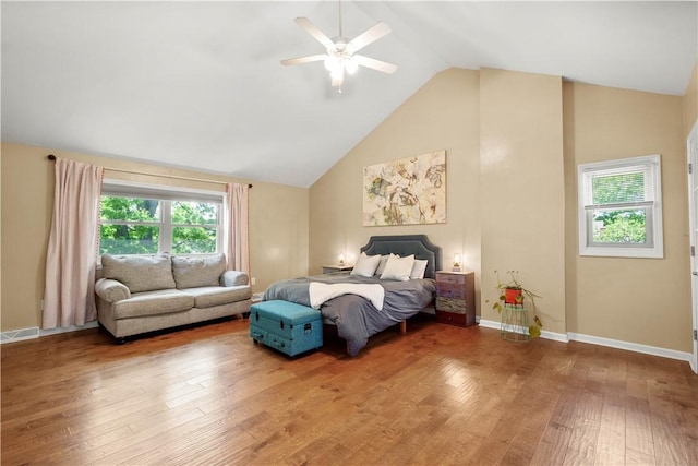 2507 Corteland Dr, Upper St Clair, PA 15241 - bedroom with light wood-type flooring, high vaulted ceiling, ceiling fan, and baseboards