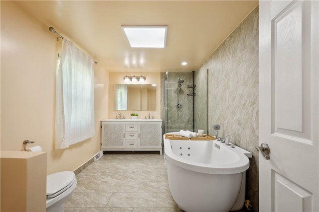 2507 Corteland Dr, Upper St Clair, PA 15241 - bathroom featuring a tile shower, double vanity, a freestanding tub, baseboards, and toilet