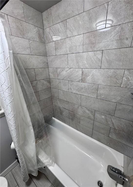 608 Wible Run Rd, Shaler, PA 15209 - full bathroom with shower / bathtub combination with curtain, wood finished floors, and toilet