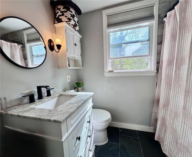 608 Wible Run Rd, Shaler, PA 15209 - full bathroom featuring vanity, toilet, baseboards, a shower with shower curtain, and marble look tiles