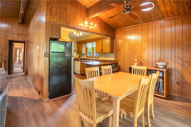 906 Aztec Trl, Coolspring Twp, PA 16137 - dining area featuring wooden ceiling, light wood-type flooring, wood walls, rail lighting, and ceiling fan