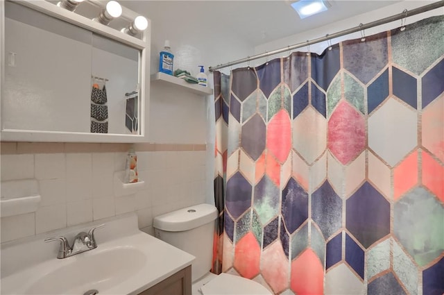 2 Sunnyside Dr, Braddock Hills, PA 15221 - bathroom with vanity, toilet, a shower with curtain, tile walls, and decorative backsplash