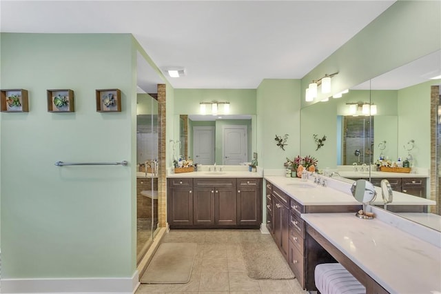 5525 Fontana Ct, Murrysville, PA 15632 - bathroom with two vanities, a shower stall, and tile patterned floors
