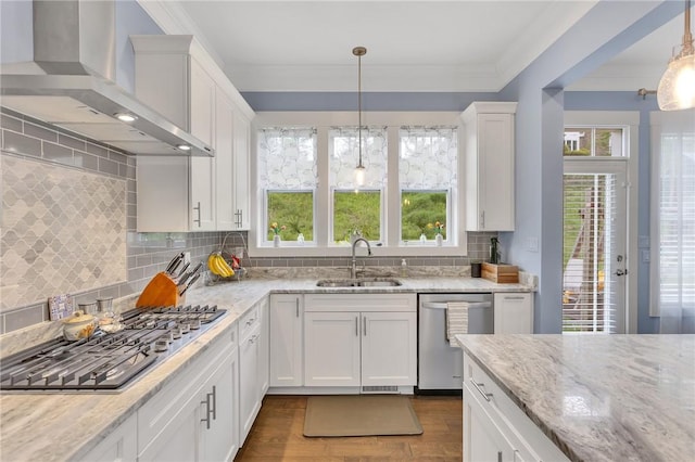 5525 Fontana Ct, Murrysville, PA 15632 - kitchen featuring wall chimney range hood, a sink, appliances with stainless steel finishes, white cabinetry, and wood finished floors