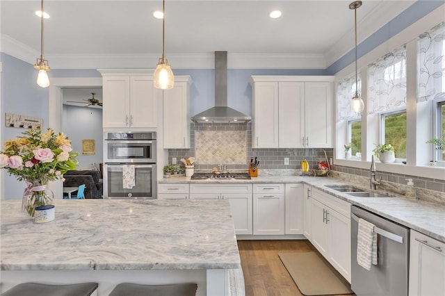 5525 Fontana Ct, Murrysville, PA 15632 - kitchen with wall chimney exhaust hood, appliances with stainless steel finishes, a sink, white cabinetry, and wood finished floors