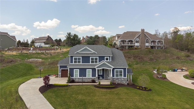 5525 Fontana Ct, Murrysville, PA 15632 - shingle-style home featuring concrete driveway, stone siding, a porch, a front lawn, and an attached garage