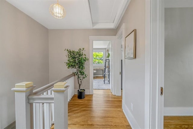 212 Orchard Pl, Sewickley, PA 15143 - hall with an upstairs landing, light wood-type flooring, baseboards, and attic access