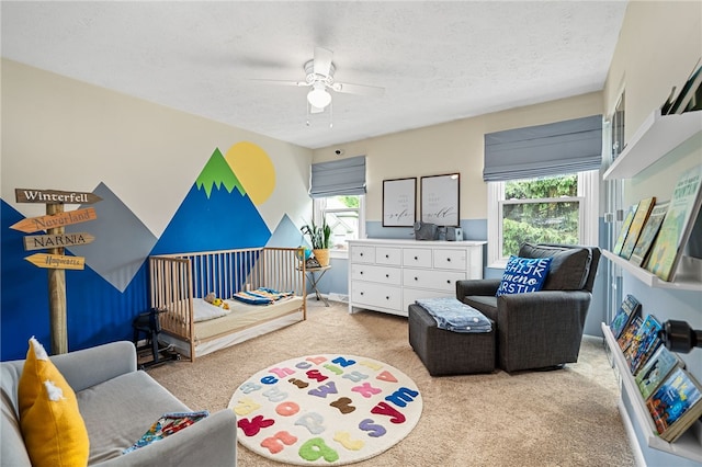 161 Ridgeview Dr, Mccandless, PA 15090 - bedroom with light colored carpet, multiple windows, a textured ceiling, and ceiling fan