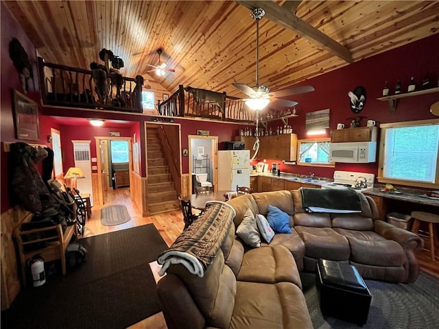 351 2nd Ave, North-Other Area, PA 16353 - living room with light wood-type flooring, stairway, wood ceiling, a ceiling fan, and high vaulted ceiling