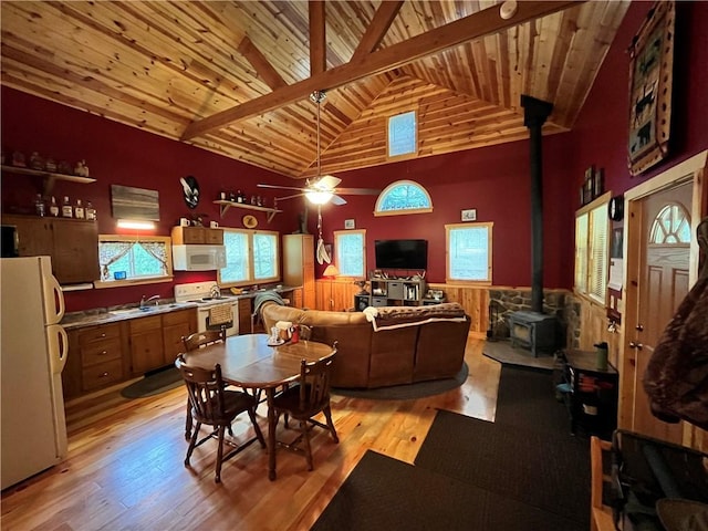 351 2nd Ave, North-Other Area, PA 16353 - dining space with a wood stove, wainscoting, light wood-type flooring, wood ceiling with exposed beams, and high vaulted ceiling