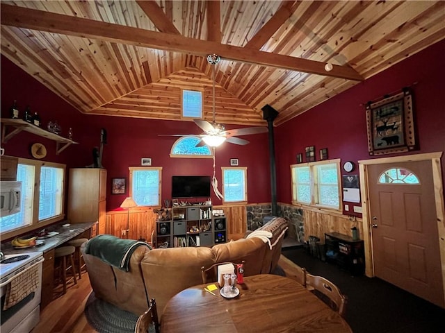 351 2nd Ave, North-Other Area, PA 16353 - living room with a wood stove, wainscoting, vaulted ceiling, wood ceiling, and ceiling fan