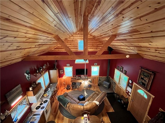 351 2nd Ave, North-Other Area, PA 16353 - living area with vaulted ceiling, wood ceiling, wood finished floors, and a wood stove